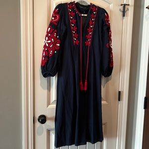 boho hippie embroidered navy/red/white Zara puff sleeve mididress M new